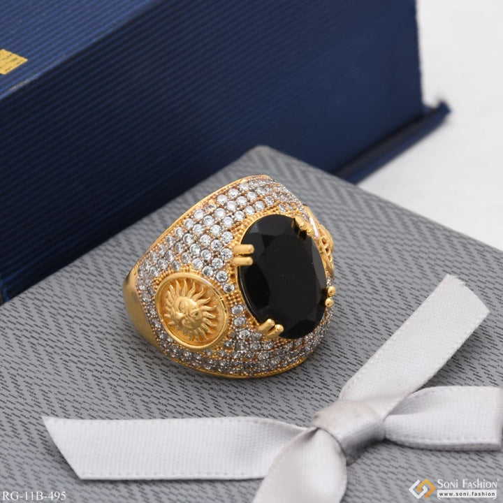 Sun with black stone diamond funky design gold plated ring