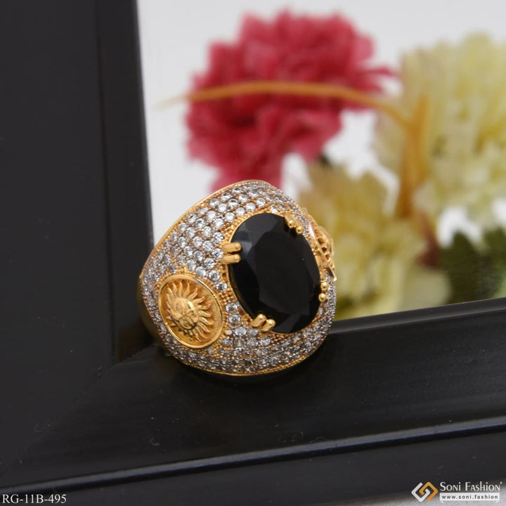 Sun with black stone diamond funky design gold plated ring