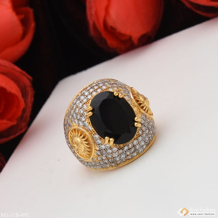 Sun with black stone diamond funky design gold plated ring