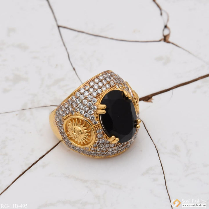 Sun with black stone diamond funky design gold plated ring