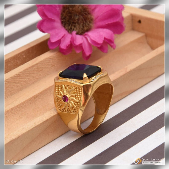 Blue Stone With Diamond Artisanal Design Gold Plated Ring