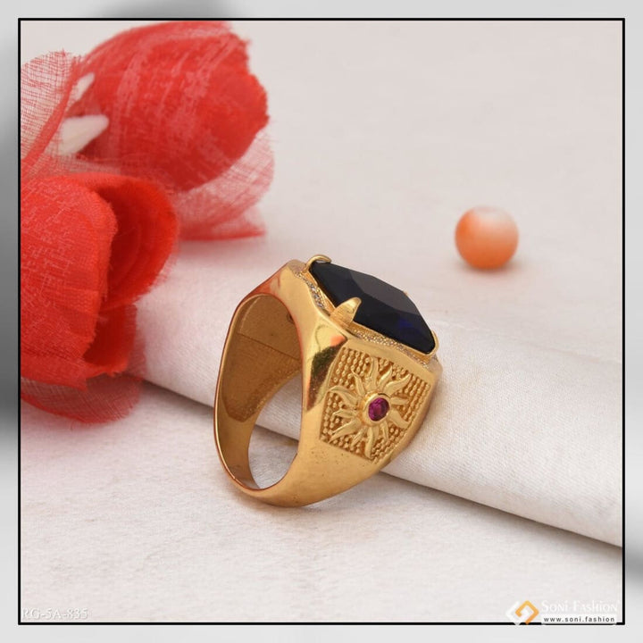 Blue Stone With Diamond Artisanal Design Gold Plated Ring