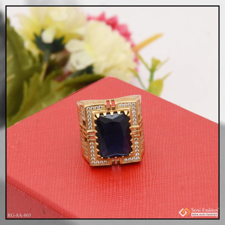 Blue stone with diamond artisanal design gold plated ring