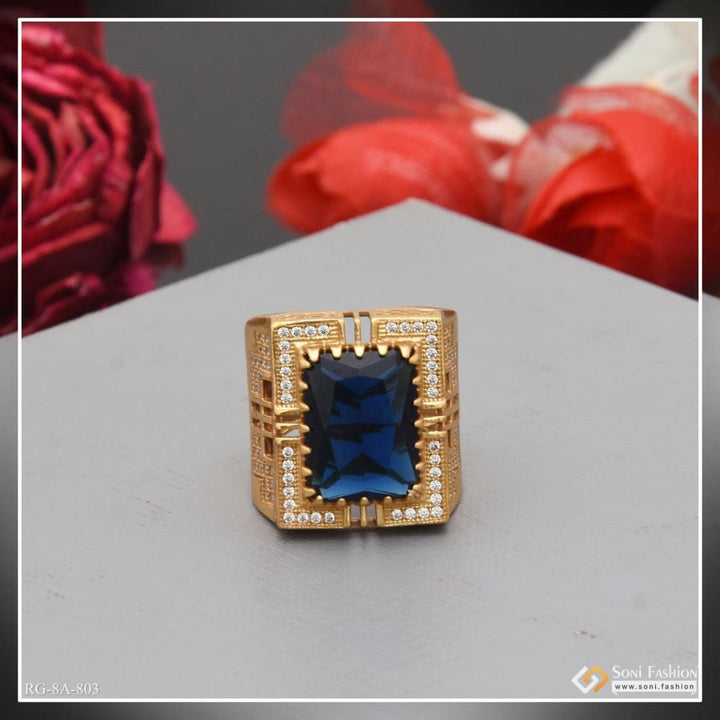 Blue stone with diamond artisanal design gold plated ring