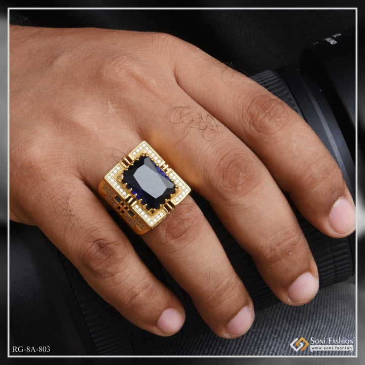 Blue stone with diamond artisanal design gold plated ring