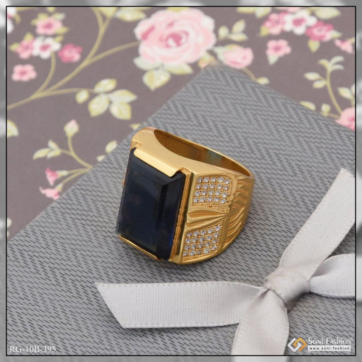 Blue Stone With Diamond Glittering Design Gold Plated Ring