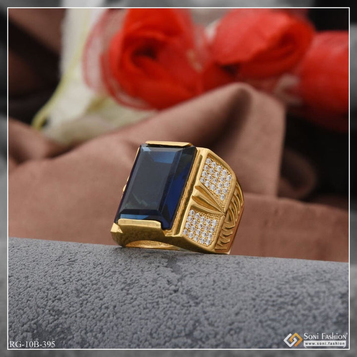 Blue Stone With Diamond Glittering Design Gold Plated Ring