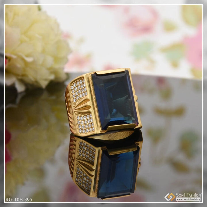 Blue Stone With Diamond Glittering Design Gold Plated Ring