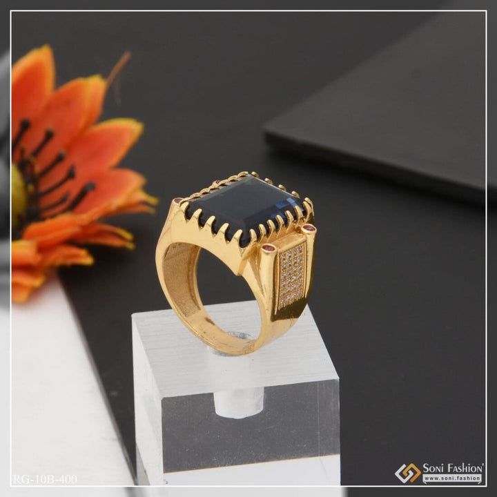 Blue Stone With Diamond Glittering Design Gold Plated Ring