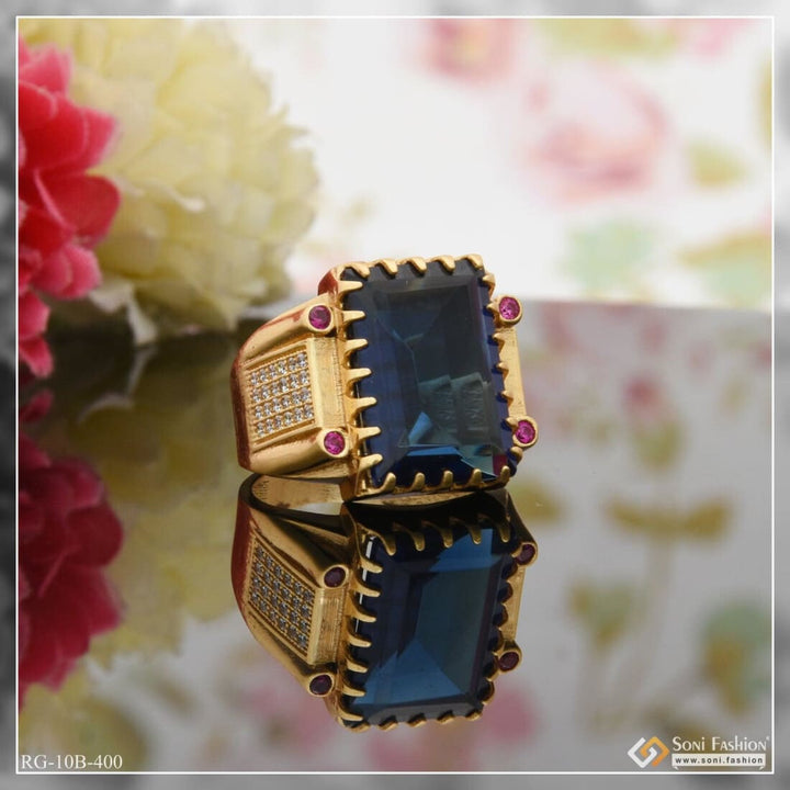 Blue Stone With Diamond Glittering Design Gold Plated Ring