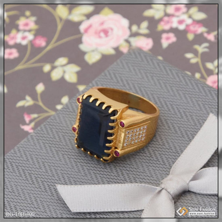 Blue Stone With Diamond Glittering Design Gold Plated Ring