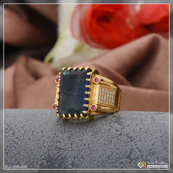 Blue Stone With Diamond Glittering Design Gold Plated Ring