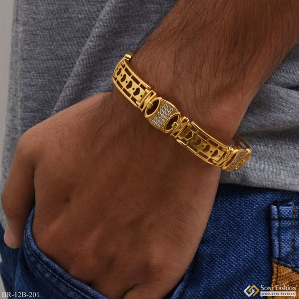 Man wearing gold Love bracelet - Classic Design 2 In 1 Heart With Diamond Gold Plated Bracelet For Men