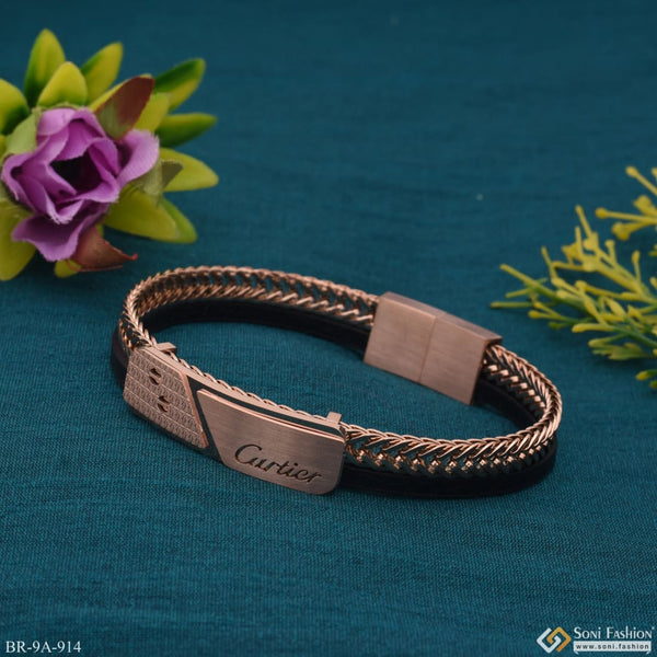 Rose Gold Leather Braided Stainless Steel Bracelet with Engraved Message