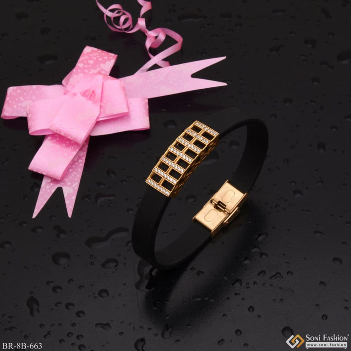 Pink bow and black bracelet on Decorative Design Diamond Gold Plated Rubber Bracelet - B663