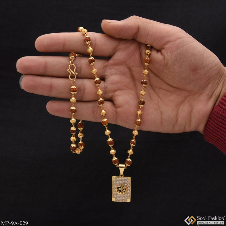 Om With Diamond Delicate Design Gold Plated Rudraksha Mala