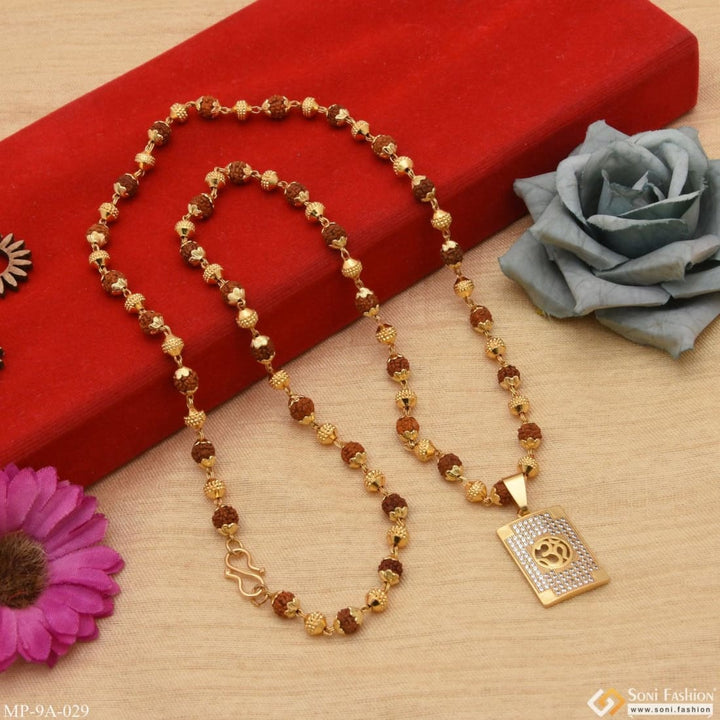 Om With Diamond Delicate Design Gold Plated Rudraksha Mala