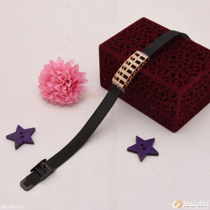 Finely Detailed Rose Gold Bracelet with Black Ribbon and Purple Flower