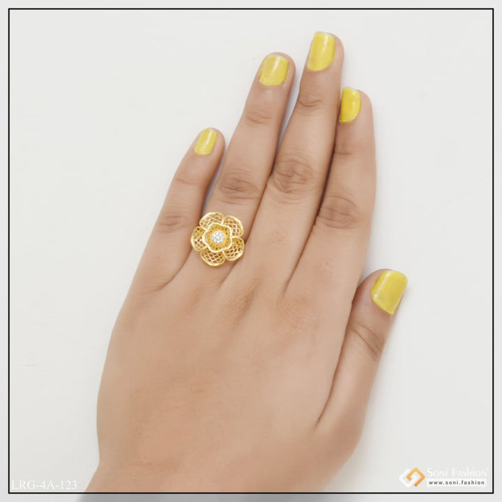 Woman’s hand with yellow mani and gold ring, Flower with Diamond Hand-Finished Design Gold Plated Ring for Women - Style LRG-123