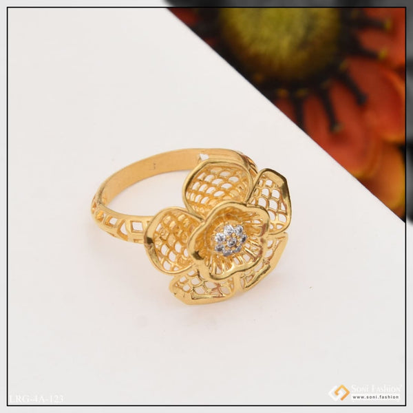 Gold plated ring with diamond center - Flower with Diamond Hand-Finished Design