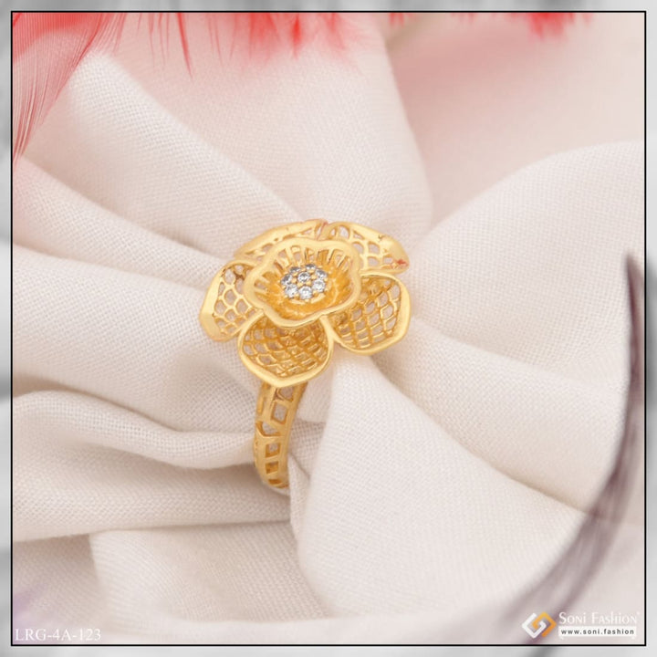 Gold plated ring with diamond accent - Flower with Diamond Hand-Finished Design