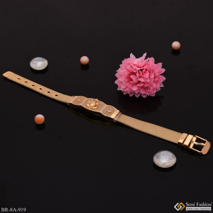 Gold watch with pink flower beside ganesha around diamond on adjustable belt bracelet for men.