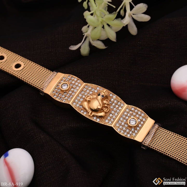 Gold watch with diamonds on face - Ganesha around diamond design with adjustable belt - Style A919.