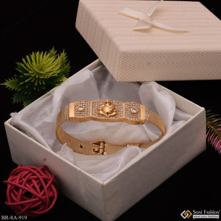 Gold bracelet with heart and bow - Ganesha around diamond, adjustable belt - Style A919