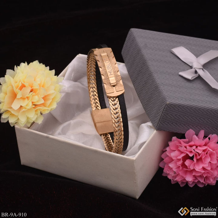 Gold flower bracelet with stainless steel, black braided leather - Style A910.