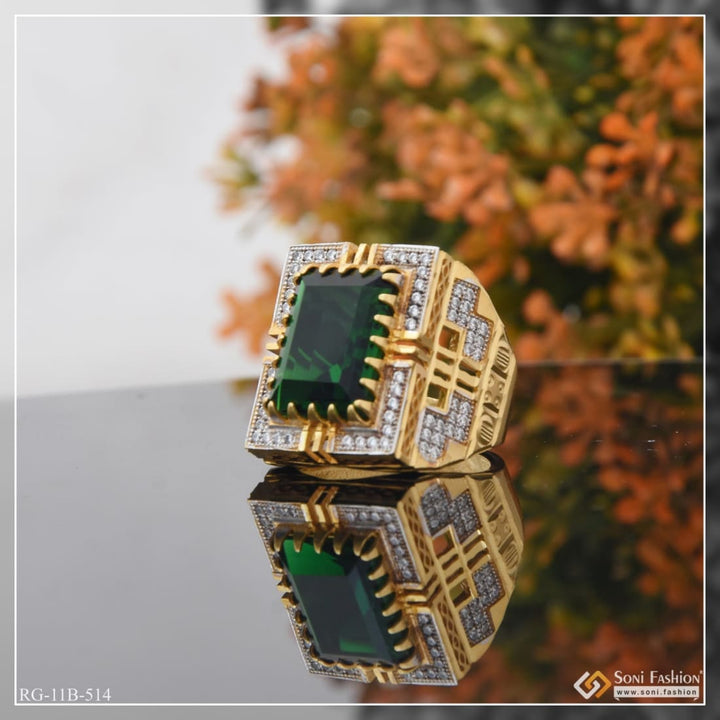 Green stone with diamond delicate design gold plated ring