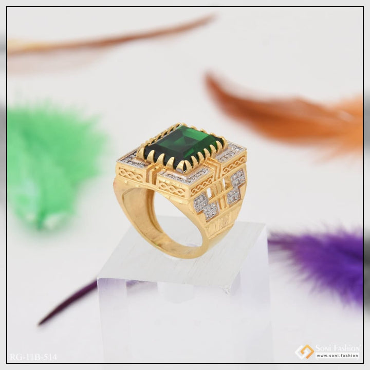 Green stone with diamond delicate design gold plated ring