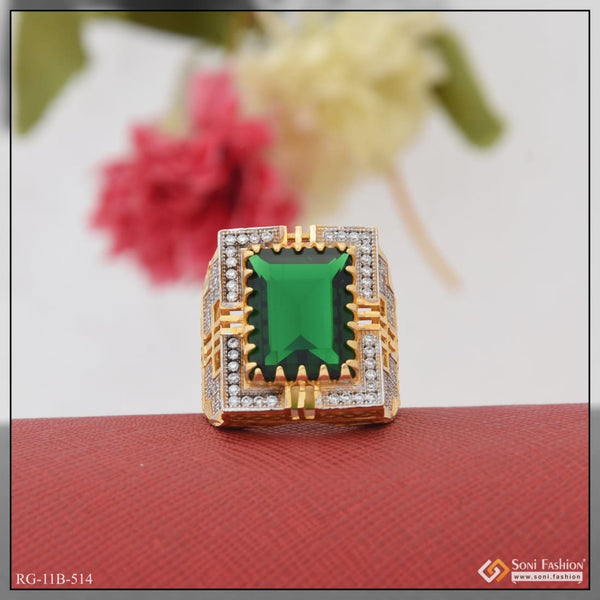 Green stone with diamond delicate design gold plated ring