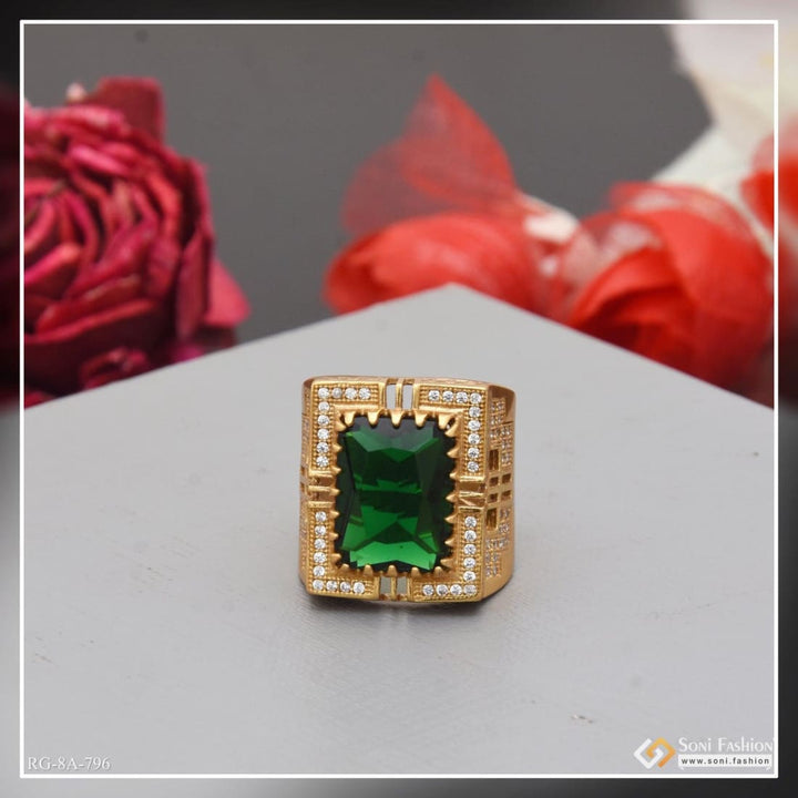 Green stone with diamond fashionable design gold plated ring