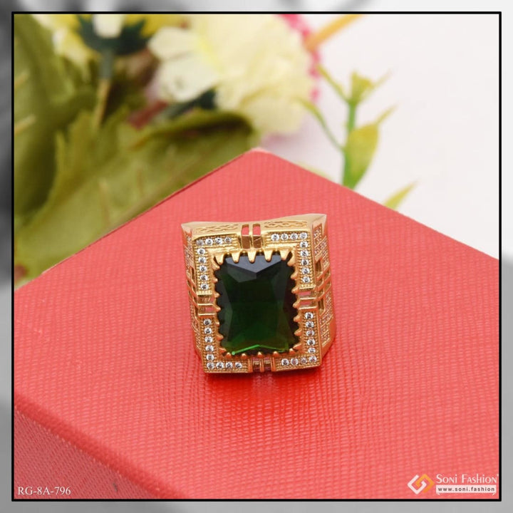 Green stone with diamond fashionable design gold plated ring