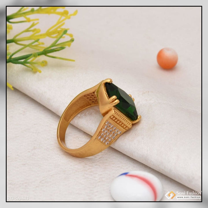 Green stone with diamond fashionable design gold plated ring