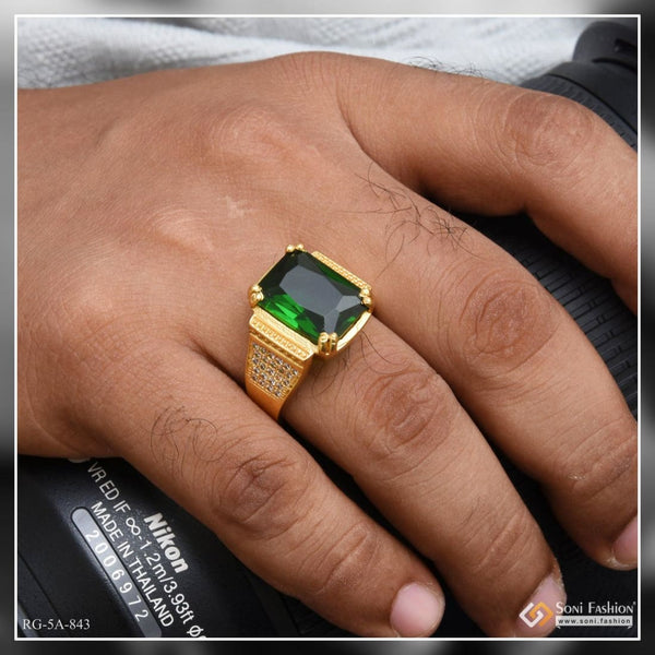 Green stone with diamond fashionable design gold plated ring