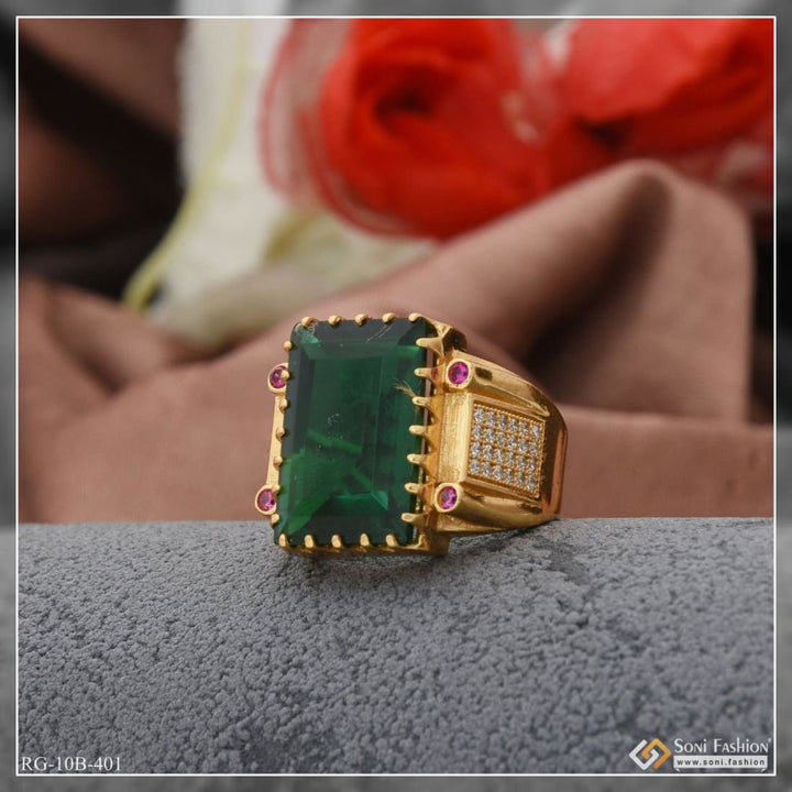 Green stone with diamond fashionable design gold plated ring