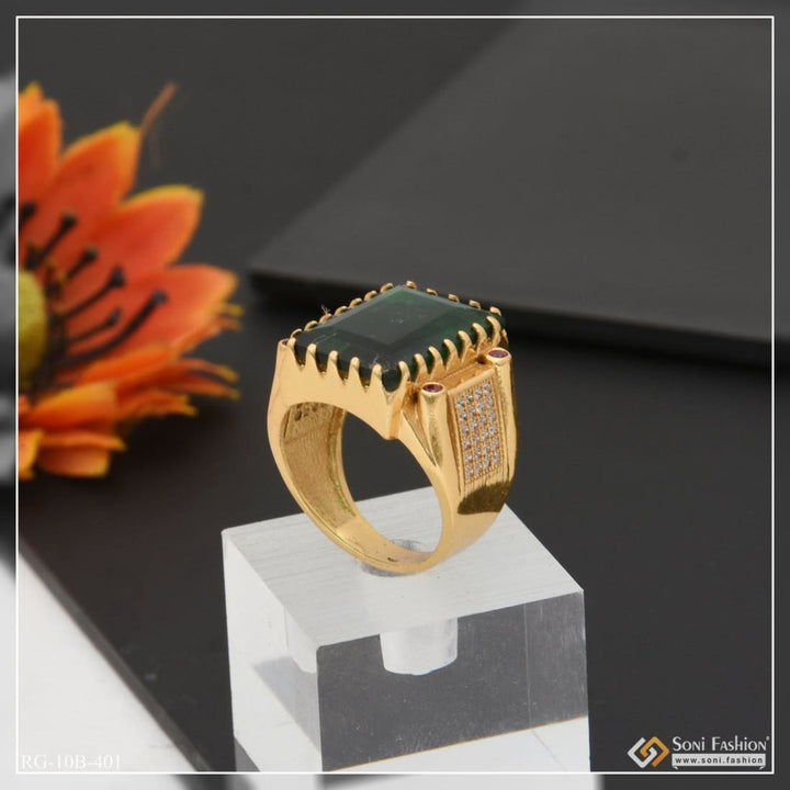 Green stone with diamond fashionable design gold plated ring