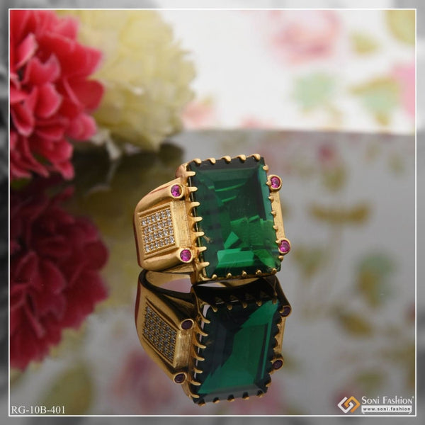 Green stone with diamond fashionable design gold plated ring