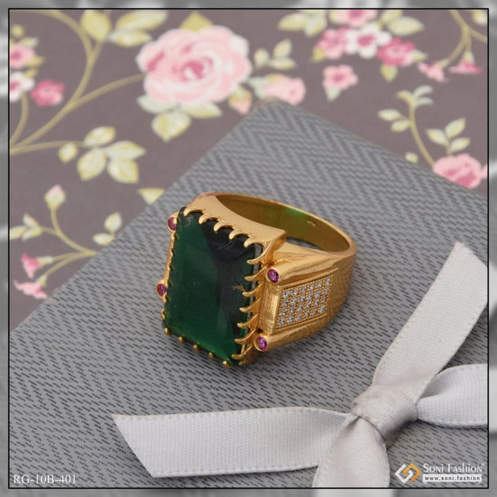 Green stone with diamond fashionable design gold plated ring