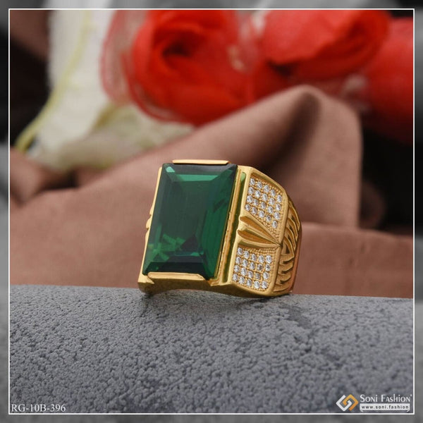 Green Stone With Diamond Gorgeous Design Gold Plated Ring