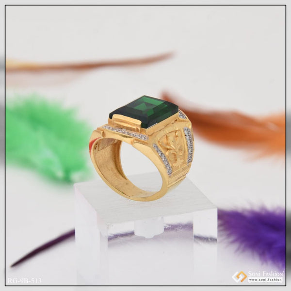 Green stone with diamond trending design gold plated ring