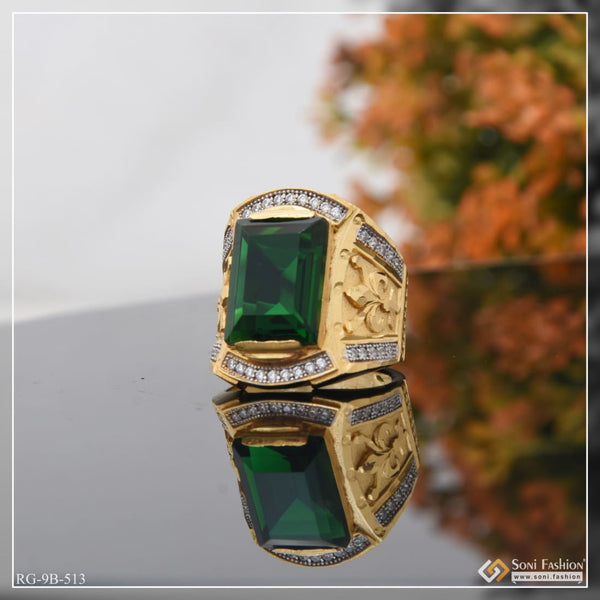 Green stone with diamond trending design gold plated ring