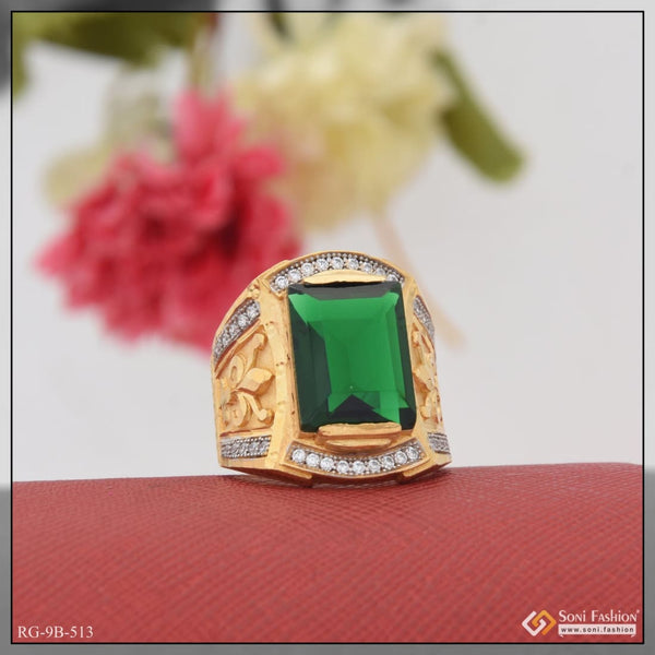 Green stone with diamond trending design gold plated ring