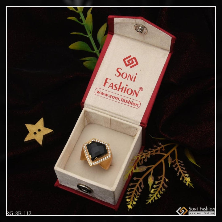 Heart shape black stone with diamond artisanal design gold