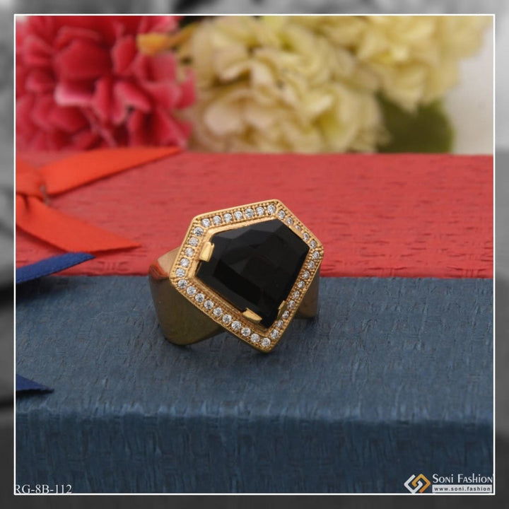 Heart shape black stone with diamond artisanal design gold