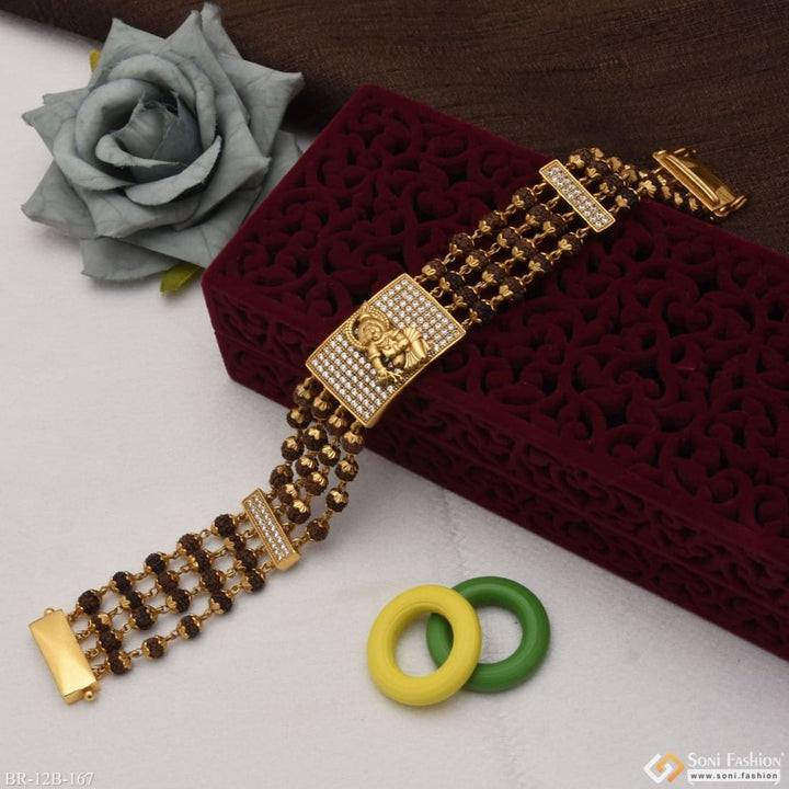 Krishna gold plated bracelet with green ring and white rose design