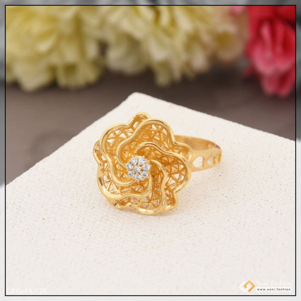 Gold plated ring for ladies with diamond center in decorative design