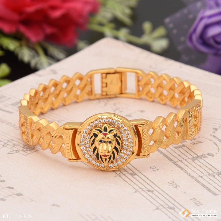 Gold lion head bracelet with red gems - Lion with diamond classic design.