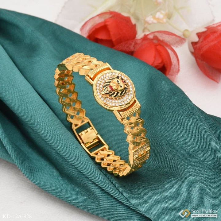 Gold bracelet with diamond accent and gold watch on display - Lion With Diamond Classic Design Superior Quality Kada Bracelet For Men